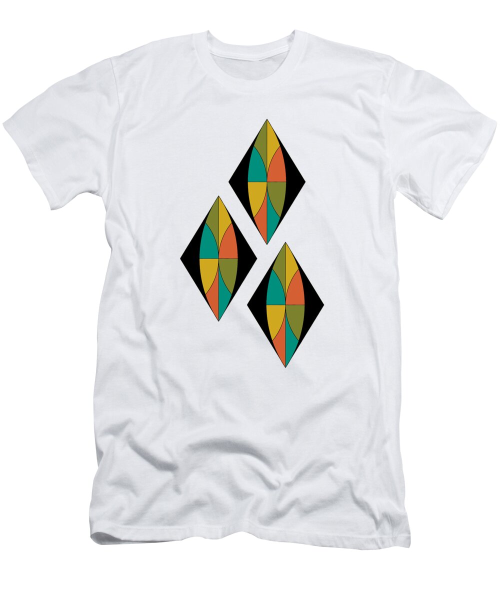 Mid Century T-Shirt featuring the digital art Triple Diamonds Mid Century on white with diagonal line background by DB Artist