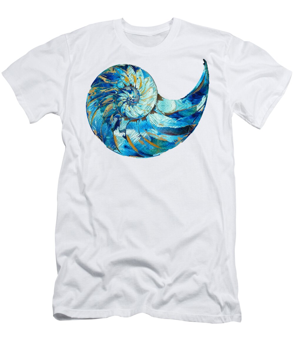 Blue T-Shirt featuring the painting Tropical Blue Art - Nautilus Shell Bleu 2 - Sharon Cummings by Sharon Cummings