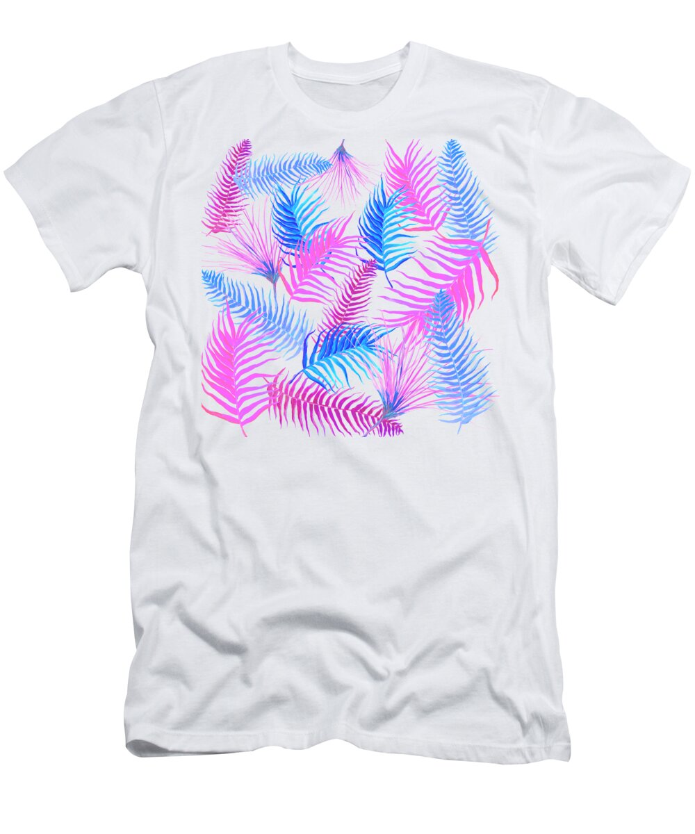 Tropical Leaves T-Shirt featuring the painting Tropical leaves and ferns in blue and pink by Jan Matson