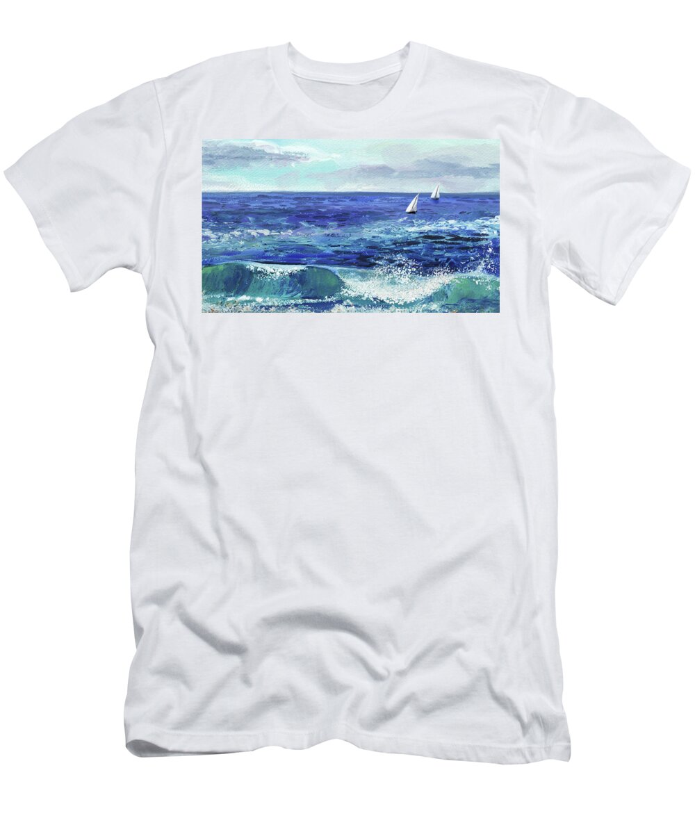Boat T-Shirt featuring the painting Two Boats In The Ocean Sea Waves Breeze by Irina Sztukowski