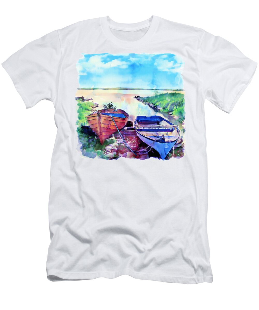 Marian Voicu T-Shirt featuring the painting Two Boats on a Shore by Marian Voicu