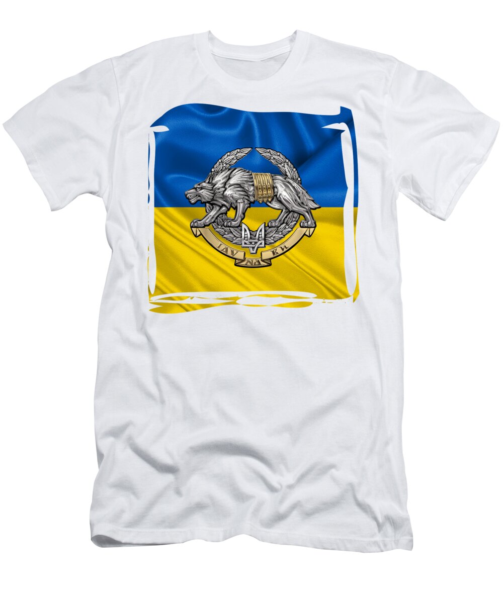 'military Insignia & Heraldry’ Collection By Serge Averbukh T-Shirt featuring the digital art Ukrainian Special Operations Forces - SSO Emblem over Ukrainian Colors by Serge Averbukh