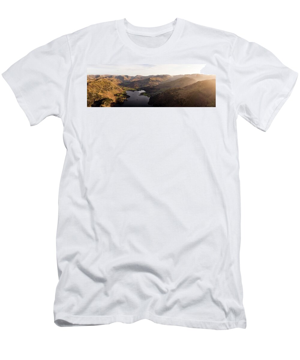 Panorama T-Shirt featuring the photograph Ullswater and Glenridding Aerial Lake District 2 by Sonny Ryse