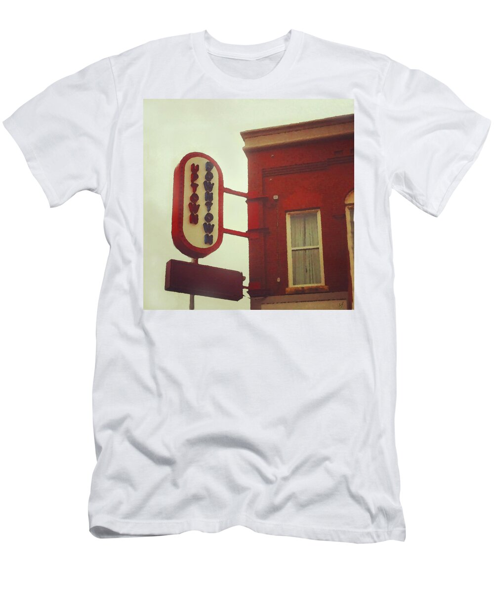 Signs T-Shirt featuring the mixed media Uptown Downtown by Shelli Fitzpatrick
