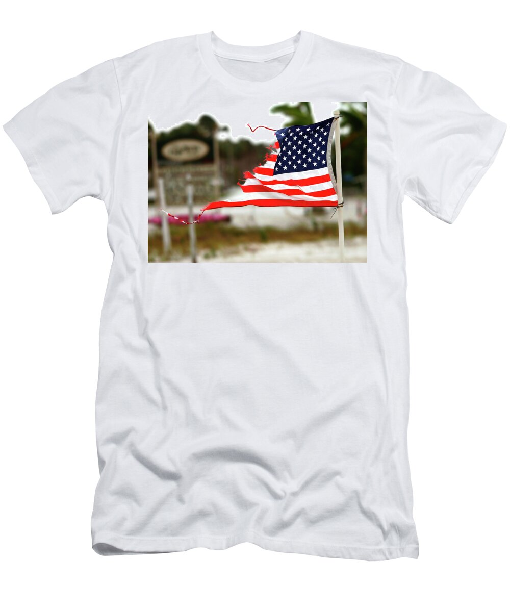 Hurricane T-Shirt featuring the photograph U.S. Flag damaged by Hurricane by Rick Wilking