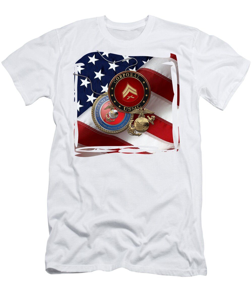 Military Insignia & Heraldry Collection By Serge Averbukh T-Shirt featuring the digital art U.S. Marine Corporal Rank Insignia with Seal and EGA over American Flag by Serge Averbukh