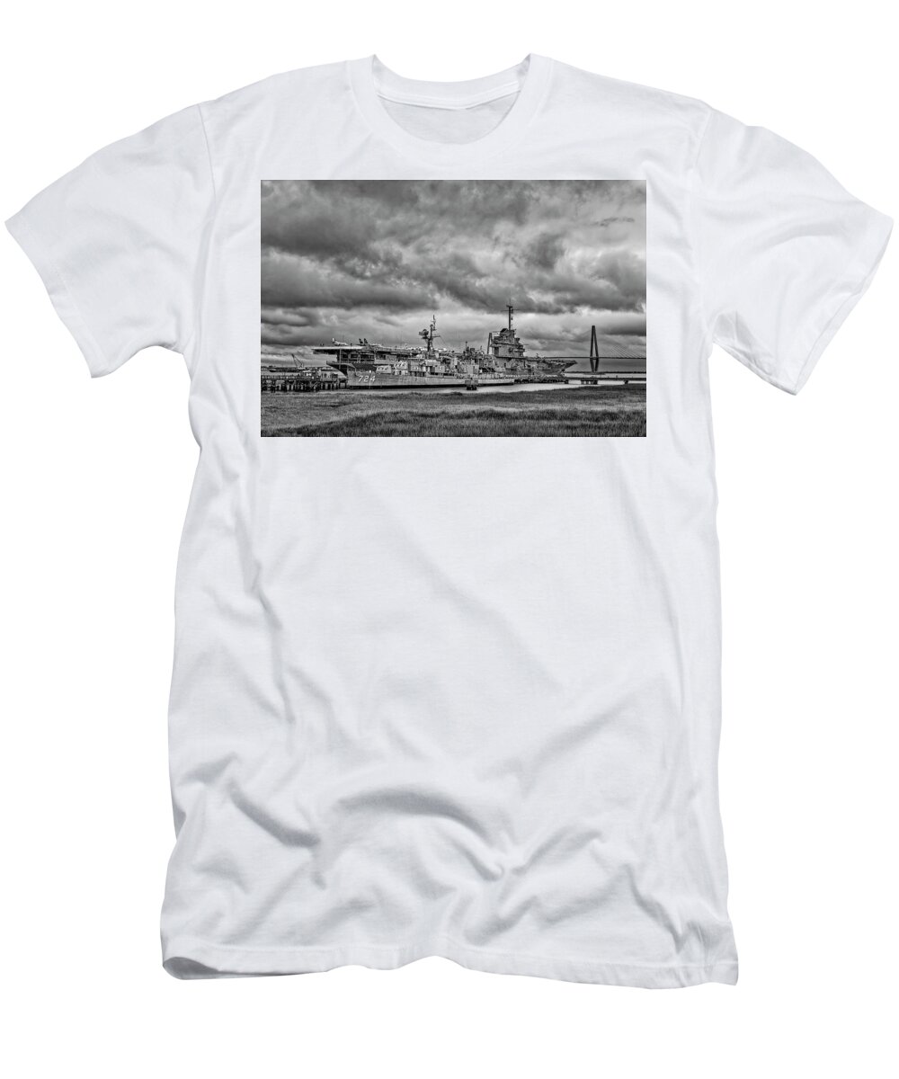 Uss Yorktown T-Shirt featuring the photograph USS Yorktown and Ravenel Bridge BW by Susan Candelario
