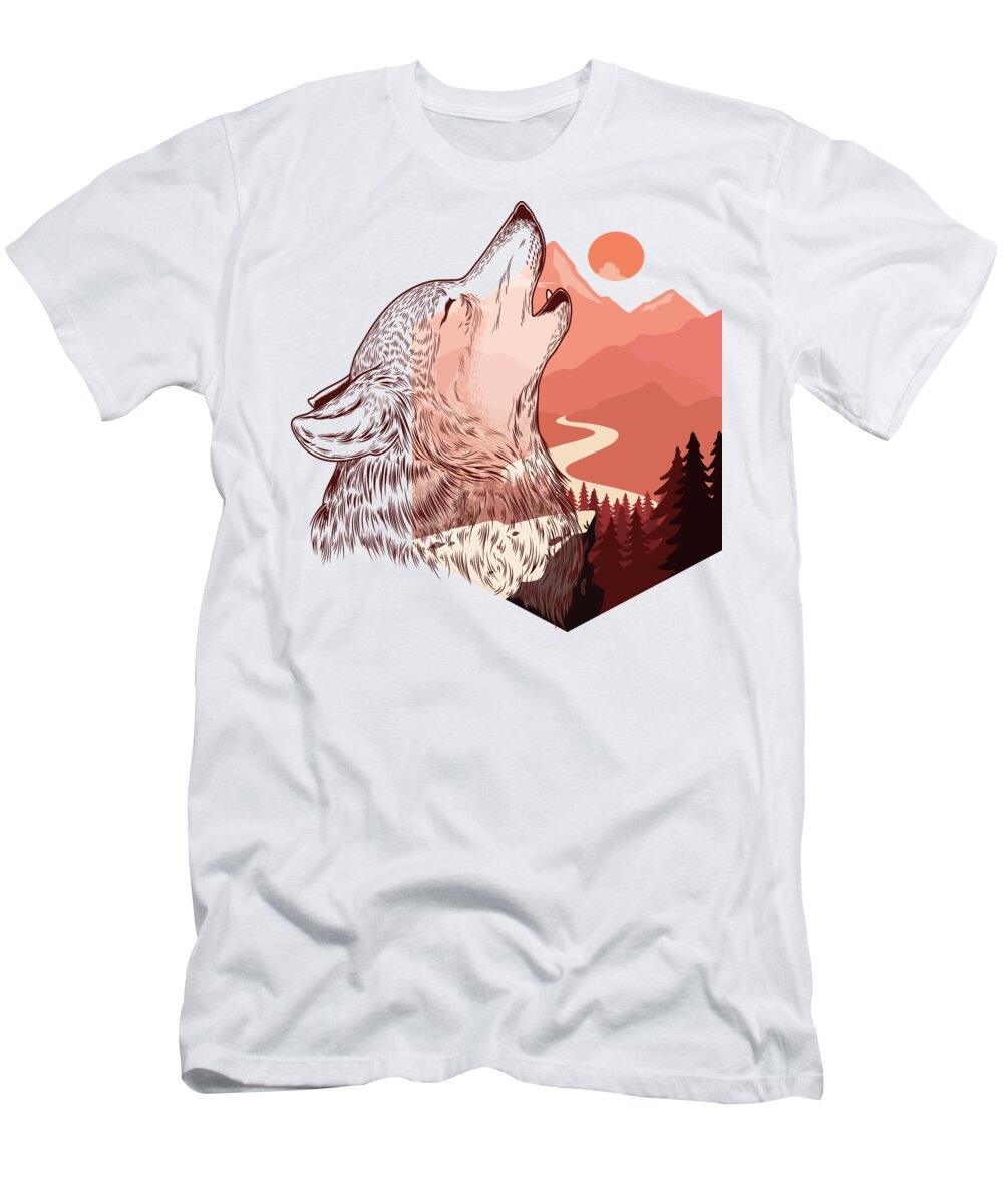 Background T-Shirt featuring the drawing Vector illustration of a howling wolf Landscape silhouette vector illustration with colorful design by Mounir Khalfouf