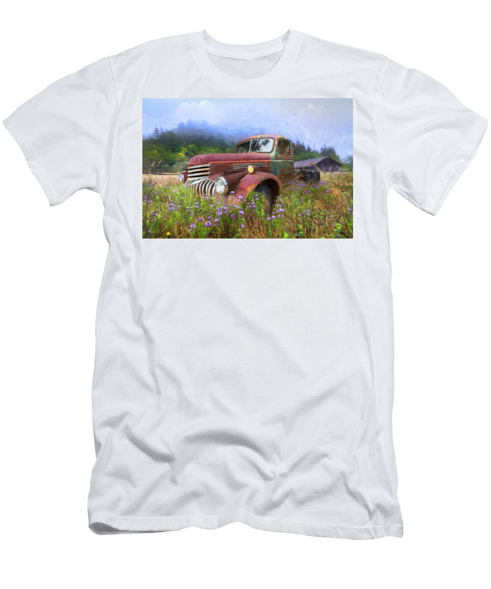 1941 T-Shirt featuring the photograph Vintage Chevy PIckup Truck in the Mountain Wildflowers Painting by Debra and Dave Vanderlaan