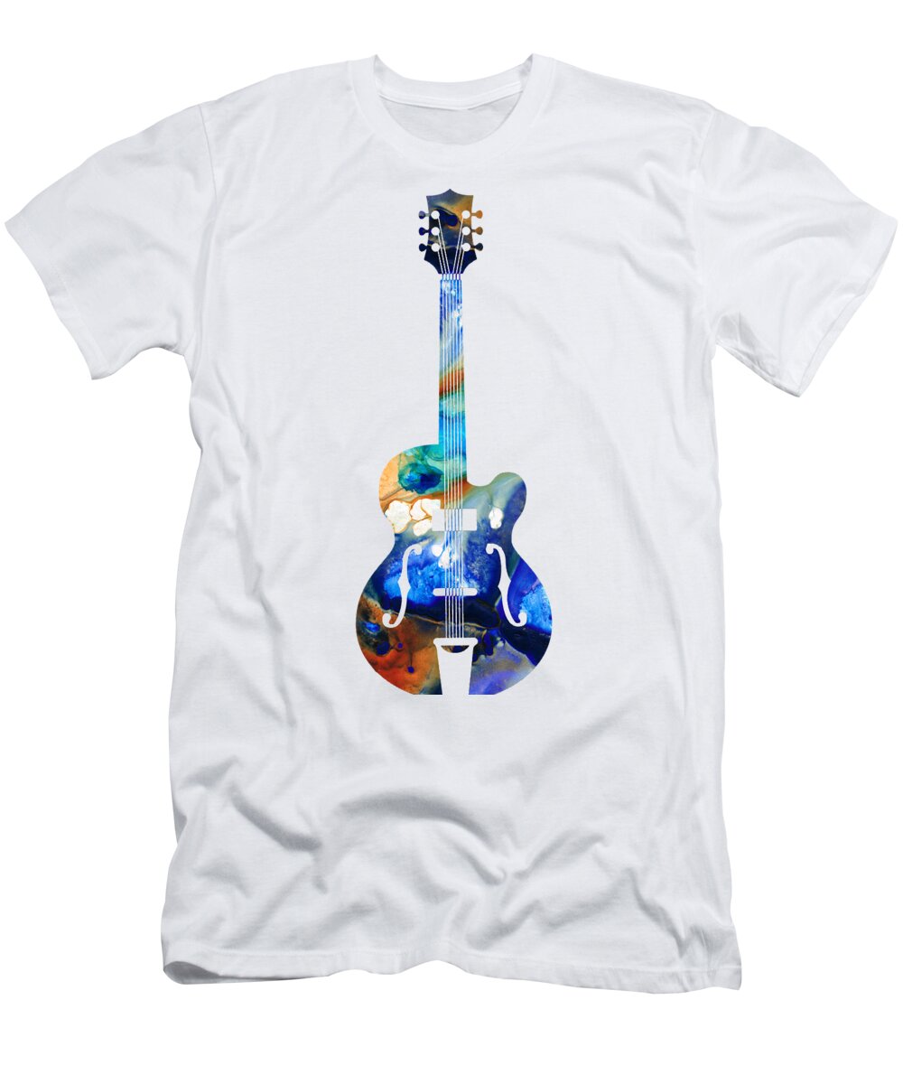 Guitar T-Shirt featuring the painting Vintage Guitar - Colorful Abstract Musical Instrument by Sharon Cummings