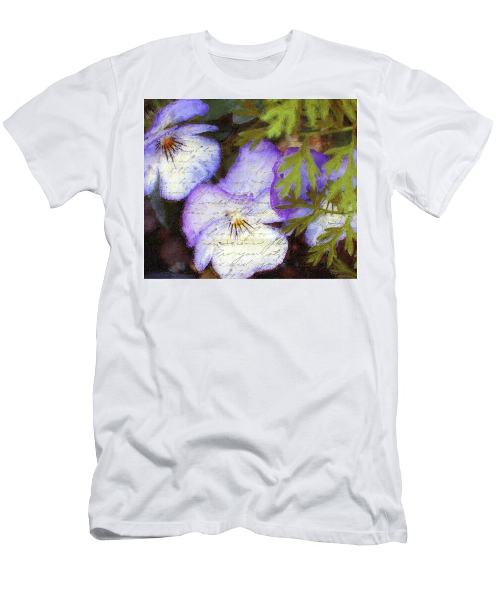 Pansies T-Shirt featuring the mixed media Vintage Pansies by Claire Bull