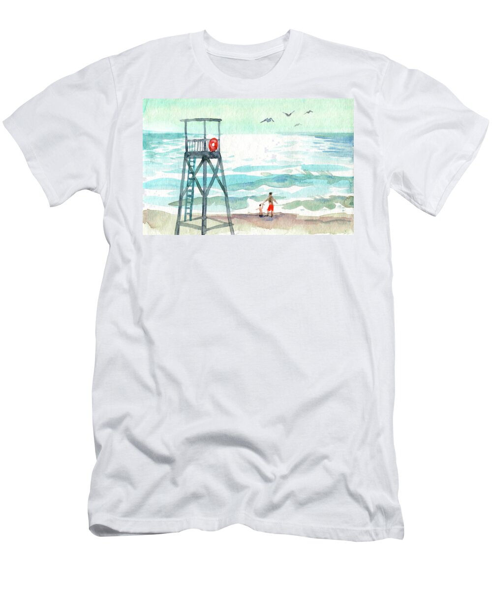 Watercolor T-Shirt featuring the digital art Watercolor Kids Safe Beach Painting by Sambel Pedes
