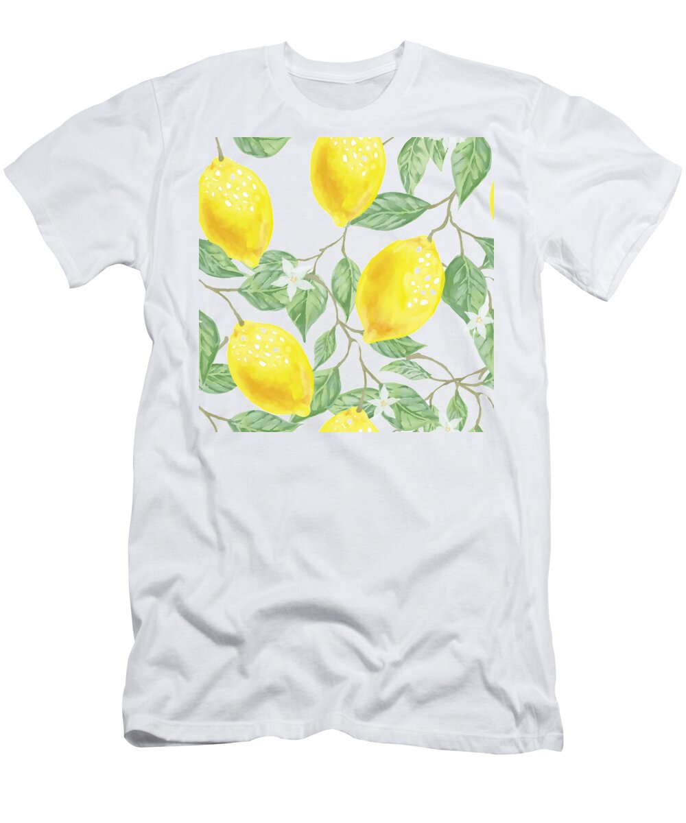Pattern T-Shirt featuring the drawing Watercolor lemon seamless vector pattern, realistic vector seamless pattern with hand drawn lemons by Mounir Khalfouf