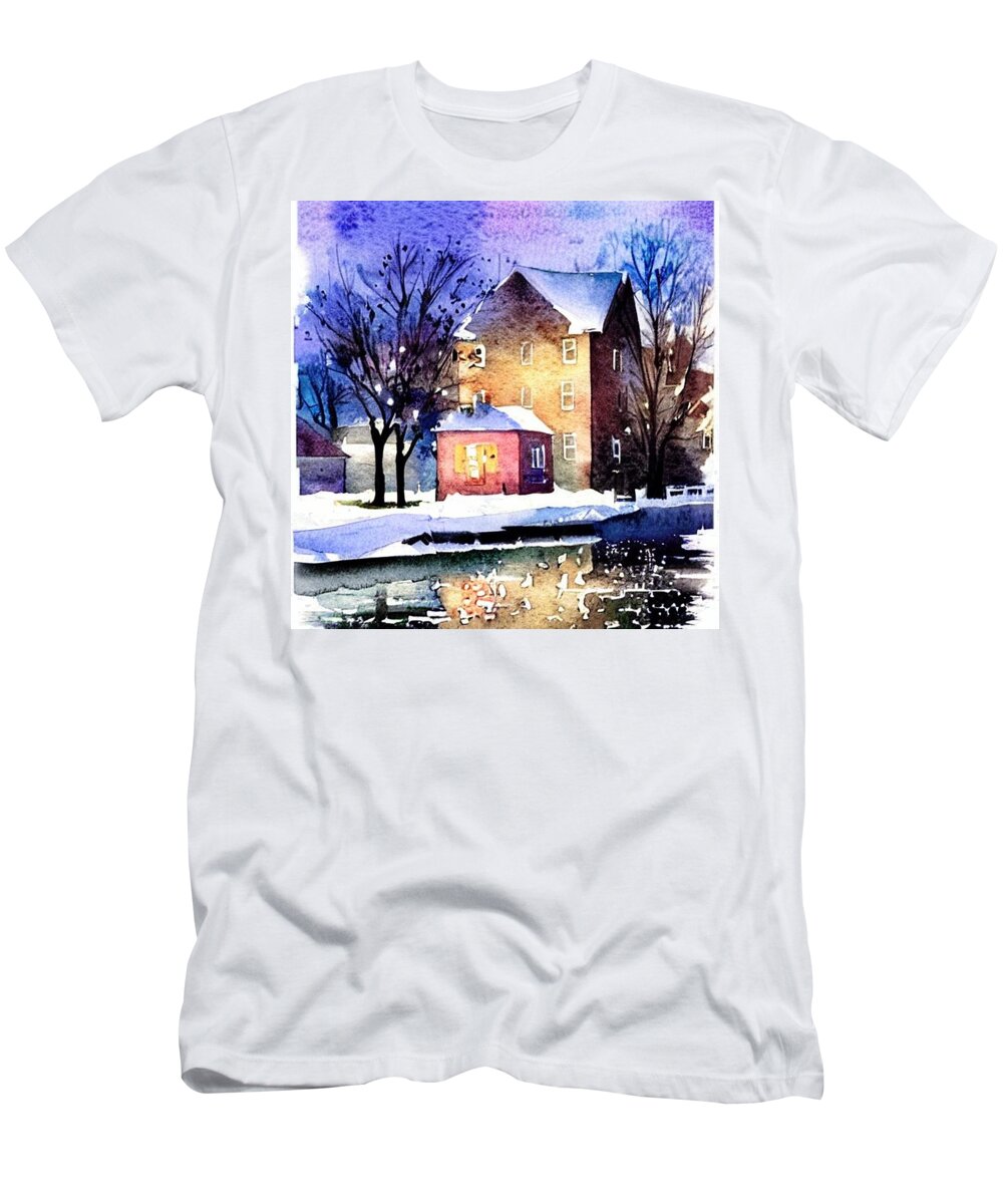 Waterloo Village T-Shirt featuring the painting Waterloo Village, Morris Canal at Night Reflections by Christopher Lotito