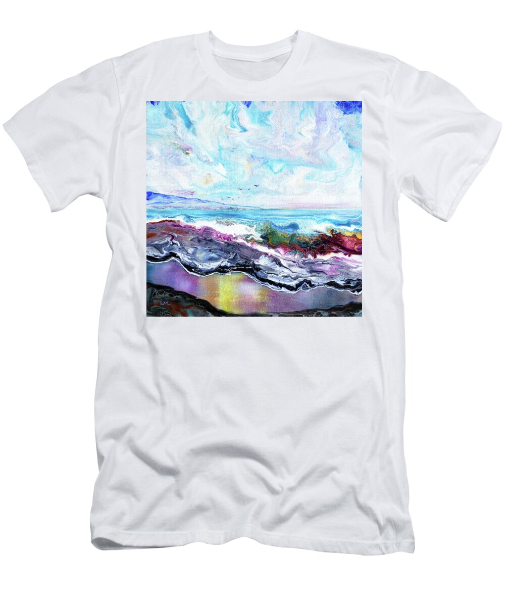 Beach T-Shirt featuring the painting Waves Rolling Over Colorful Sands by Laura Iverson
