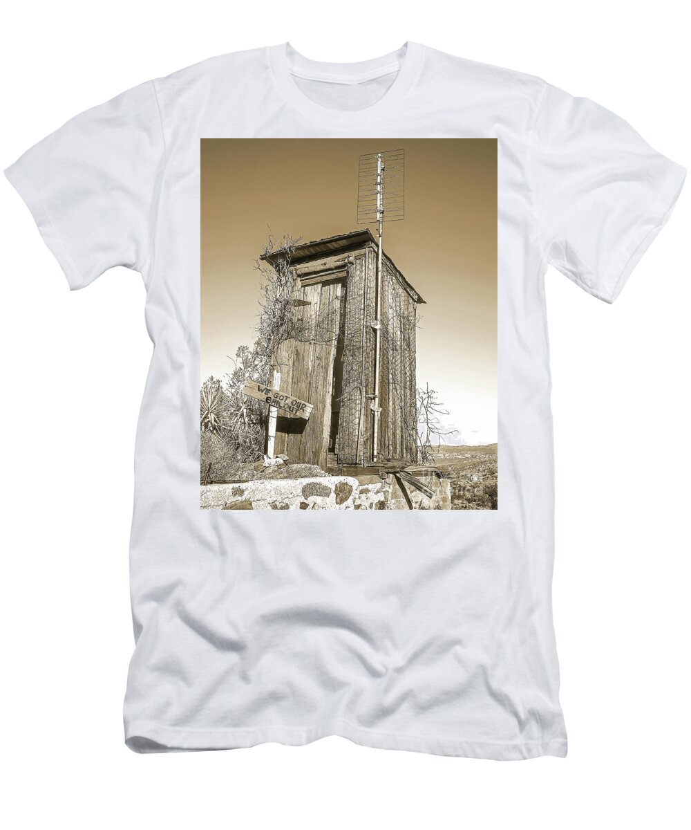 Outhouse T-Shirt featuring the photograph We Got Our Bailout Sepia, Outhouse, California Ghost Town by Don Schimmel
