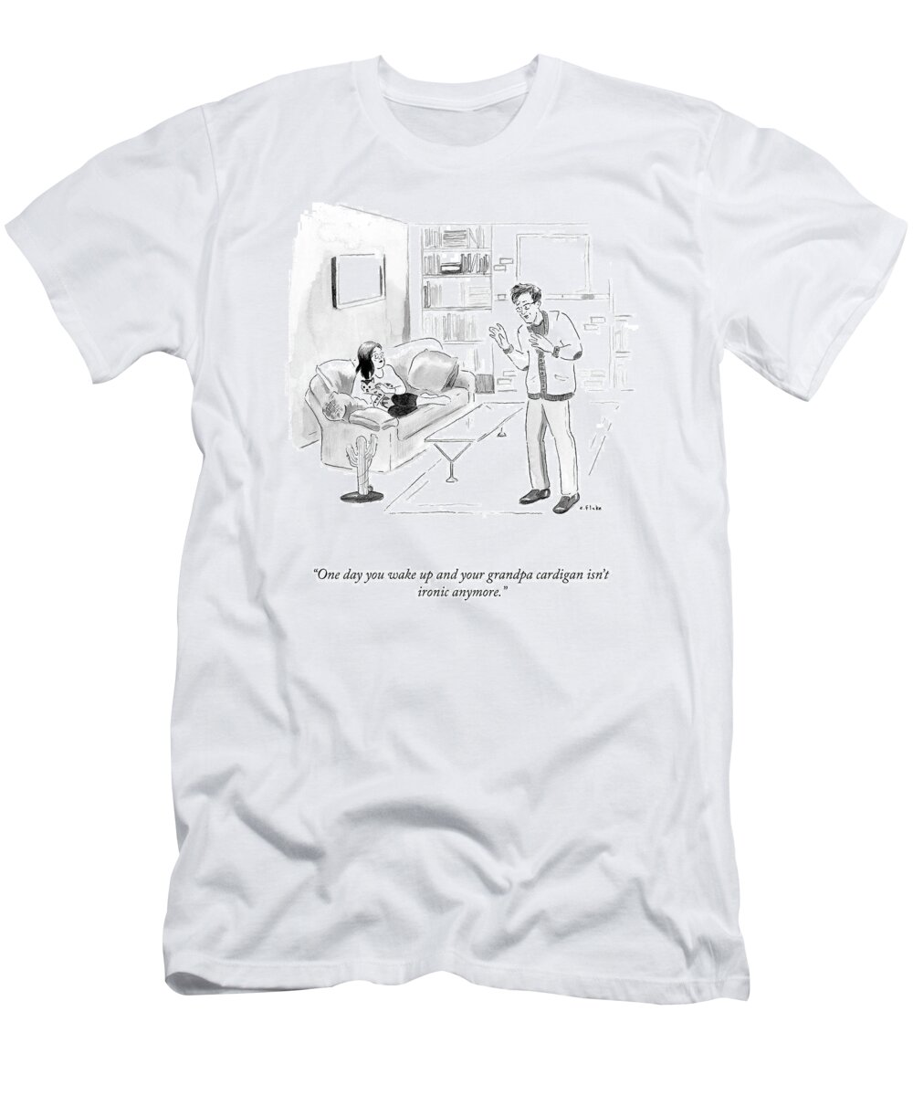 A26001 T-Shirt featuring the drawing When Your Grandpa Cardigan Isn't Ironic by Emily Flake
