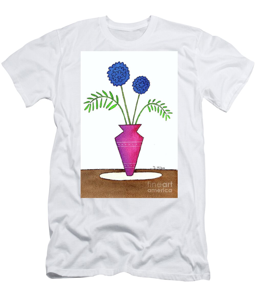 Mid Century Modern Flowers T-Shirt featuring the painting Whimsical Blue Flowers in Pinkish Purple Vase by Donna Mibus