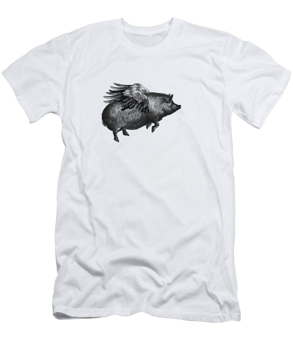 Pig T-Shirt featuring the digital art Winged pig in black and white by Madame Memento