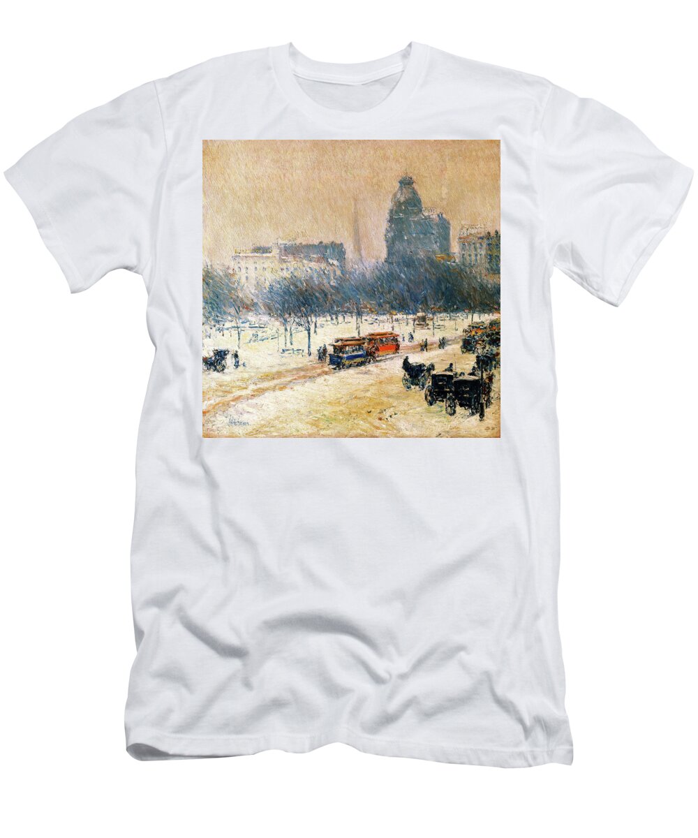 Winter In Union Square T-Shirt featuring the painting Winter in Union Square - Digital Remastered Edition by Frederick Childe Hassam