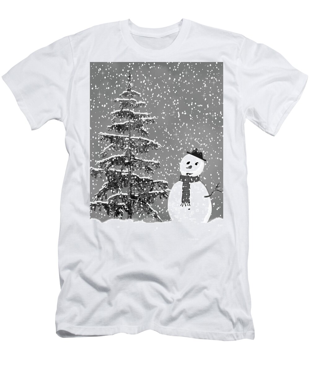 Snowman T-Shirt featuring the mixed media Winter Scene With Snowman 2 Black and White by David Dehner