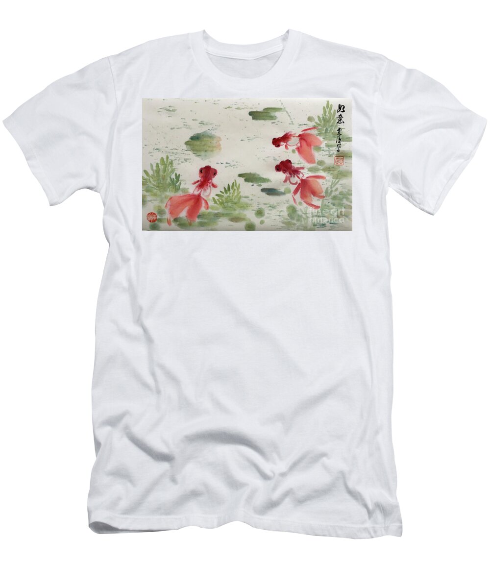 Golden Fish T-Shirt featuring the painting Wishful - 2 by Carmen Lam