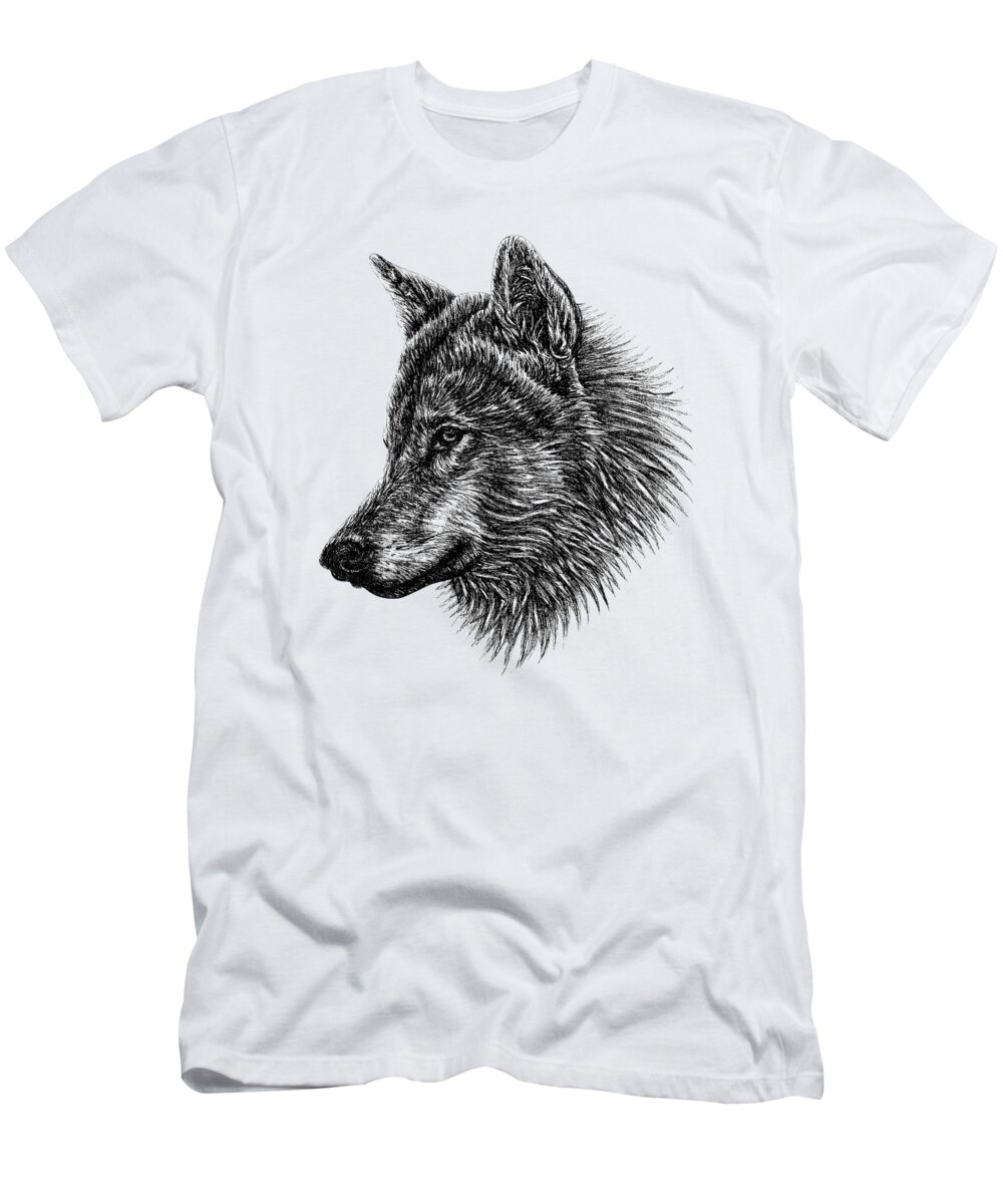 Wolf T-Shirt featuring the drawing Wolf ink illustration portrait by Loren Dowding