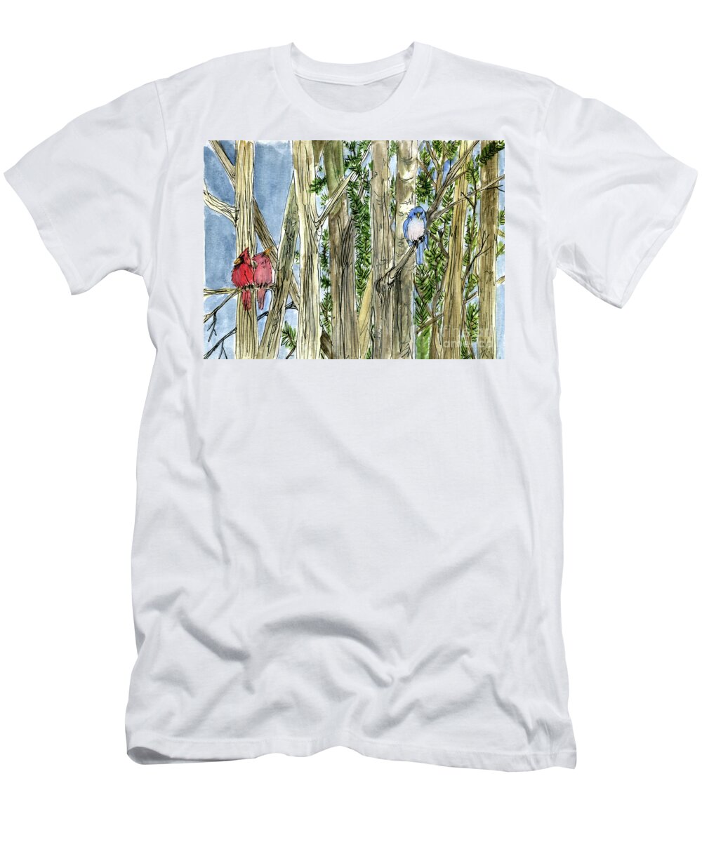 Woodland Birds T-Shirt featuring the painting Woodland Birds by Laurie Rohner
