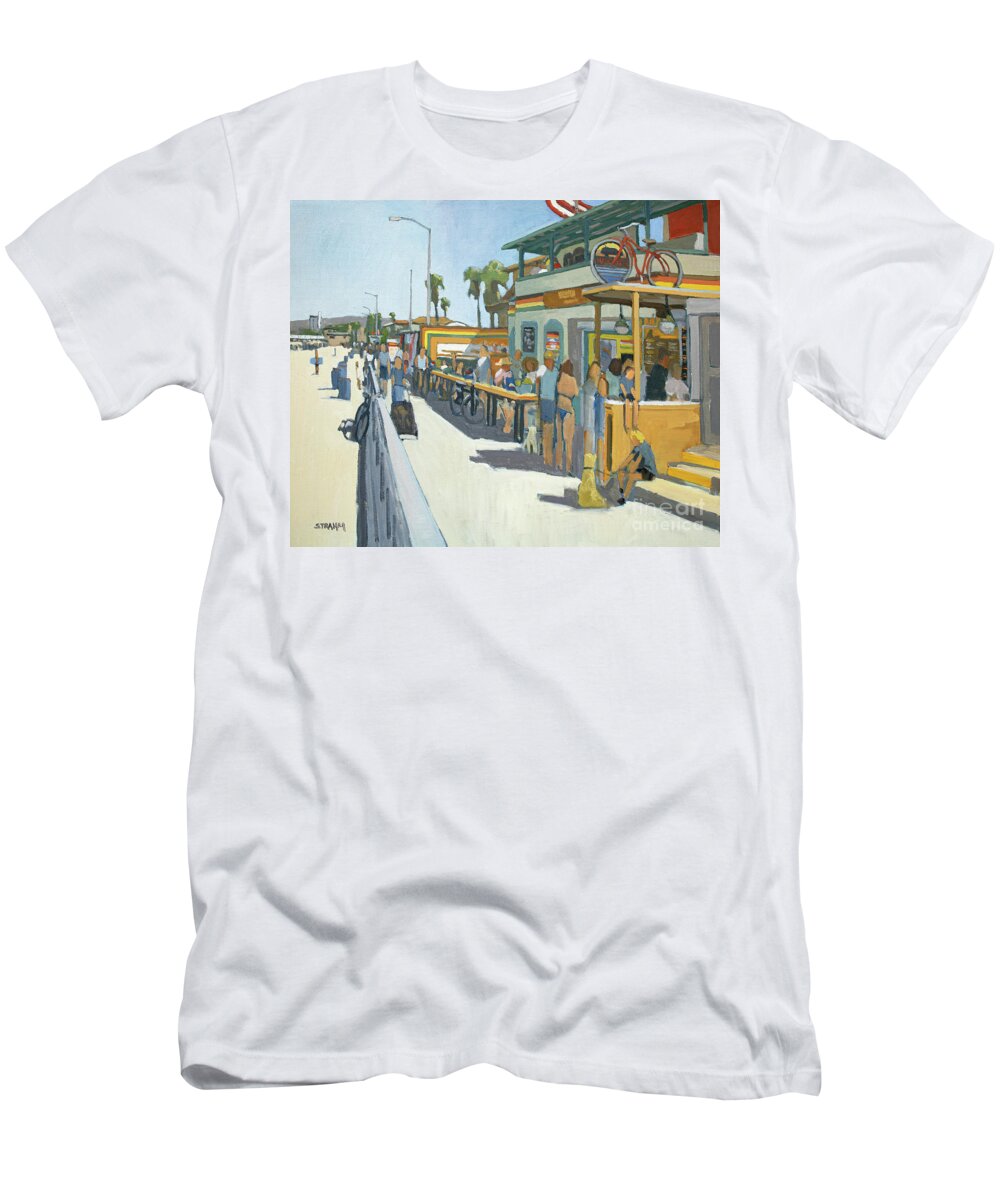 Woodys T-Shirt featuring the painting Woody's Breakfast and Burgers - Pacific Beach, San Diego, California by Paul Strahm