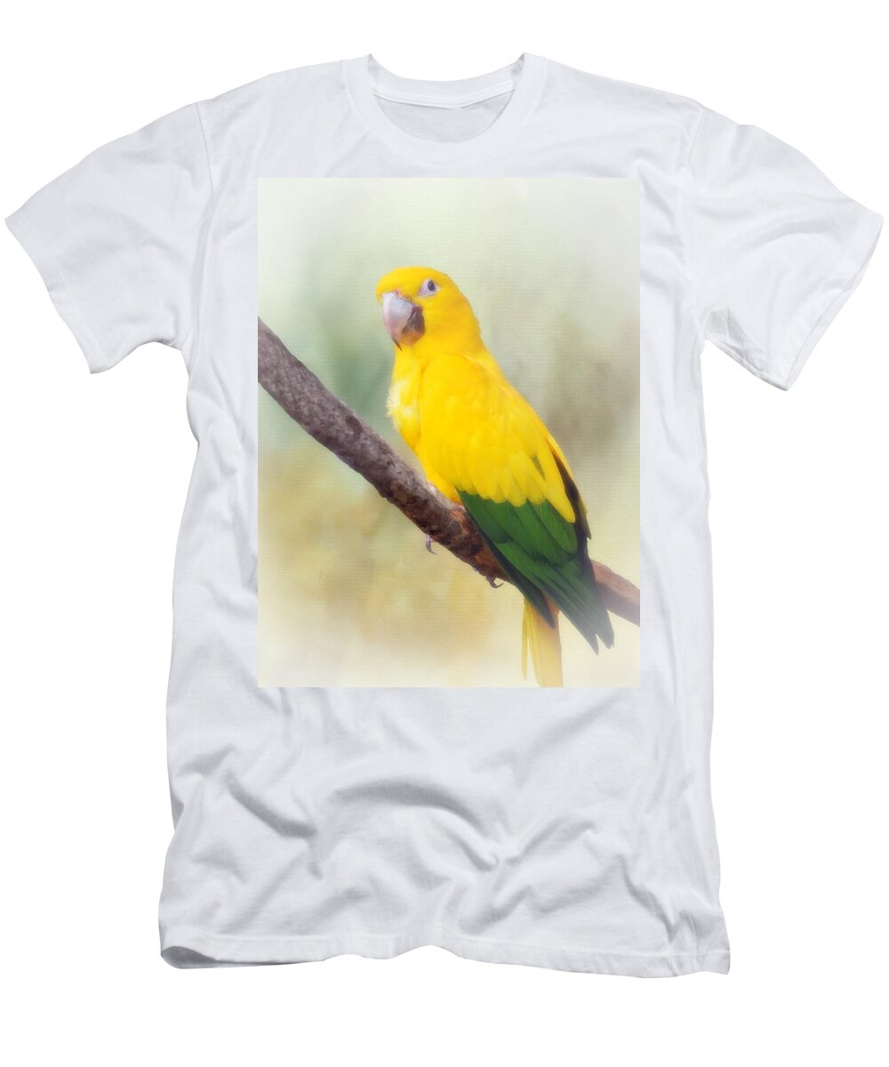 Bird T-Shirt featuring the mixed media Yellow Green Parrot Bird 83 by Lucie Dumas
