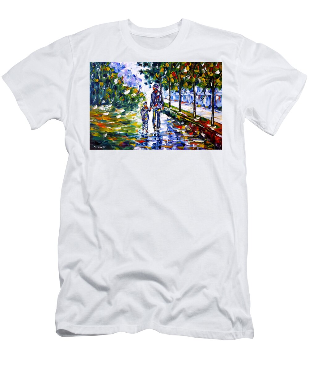 Autumn Walk T-Shirt featuring the painting Young Father With Son by Mirek Kuzniar