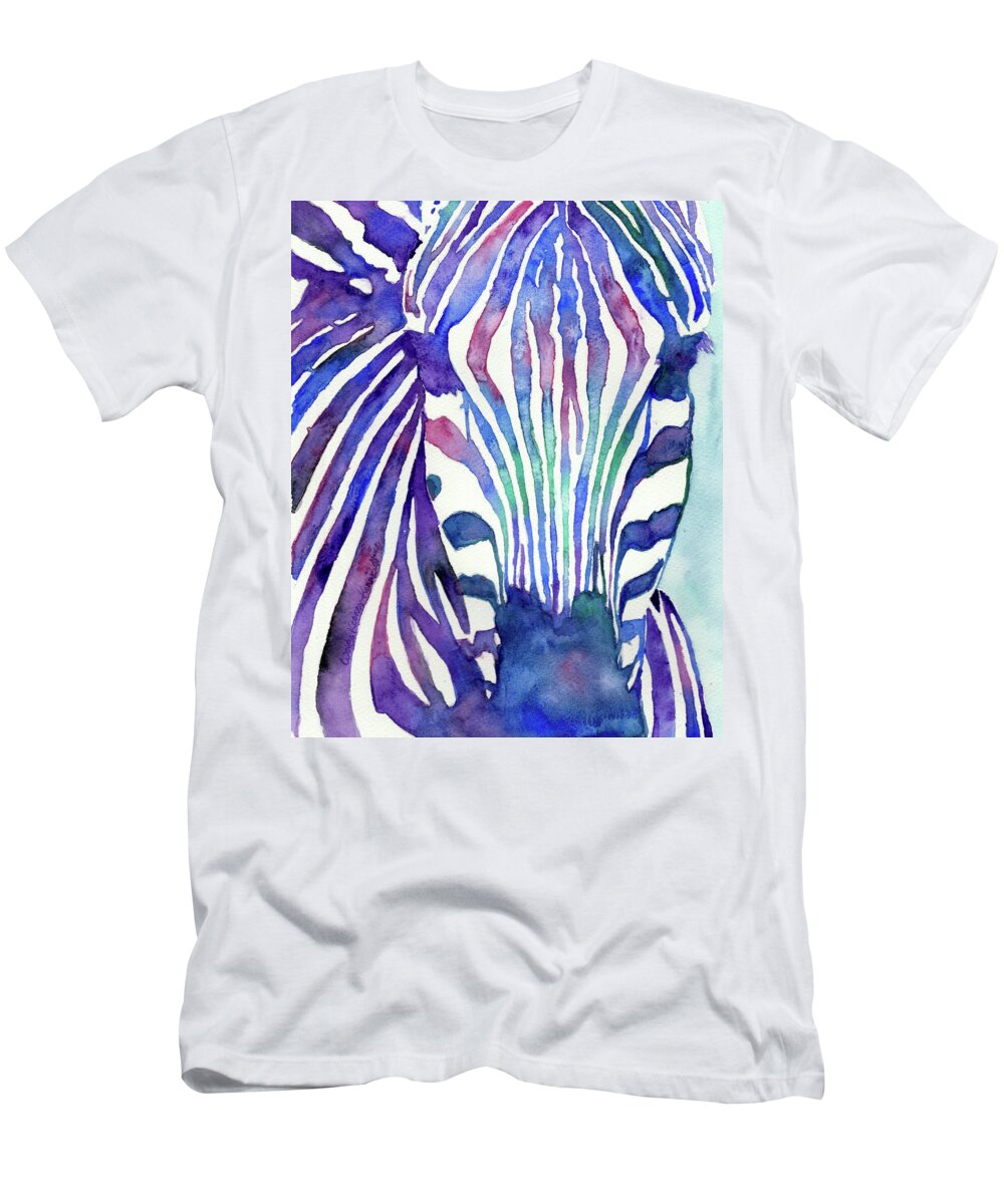 Zebra T-Shirt featuring the painting Zebra in Blue by Wendy Keeney-Kennicutt