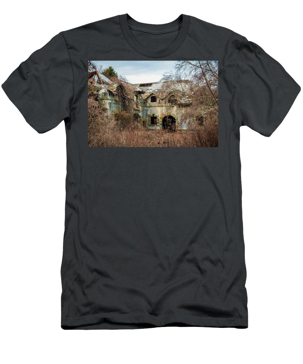 Haunted T-Shirt featuring the photograph Abandoned Building In Ruins Near Newport Rhode Island by Alex Grichenko