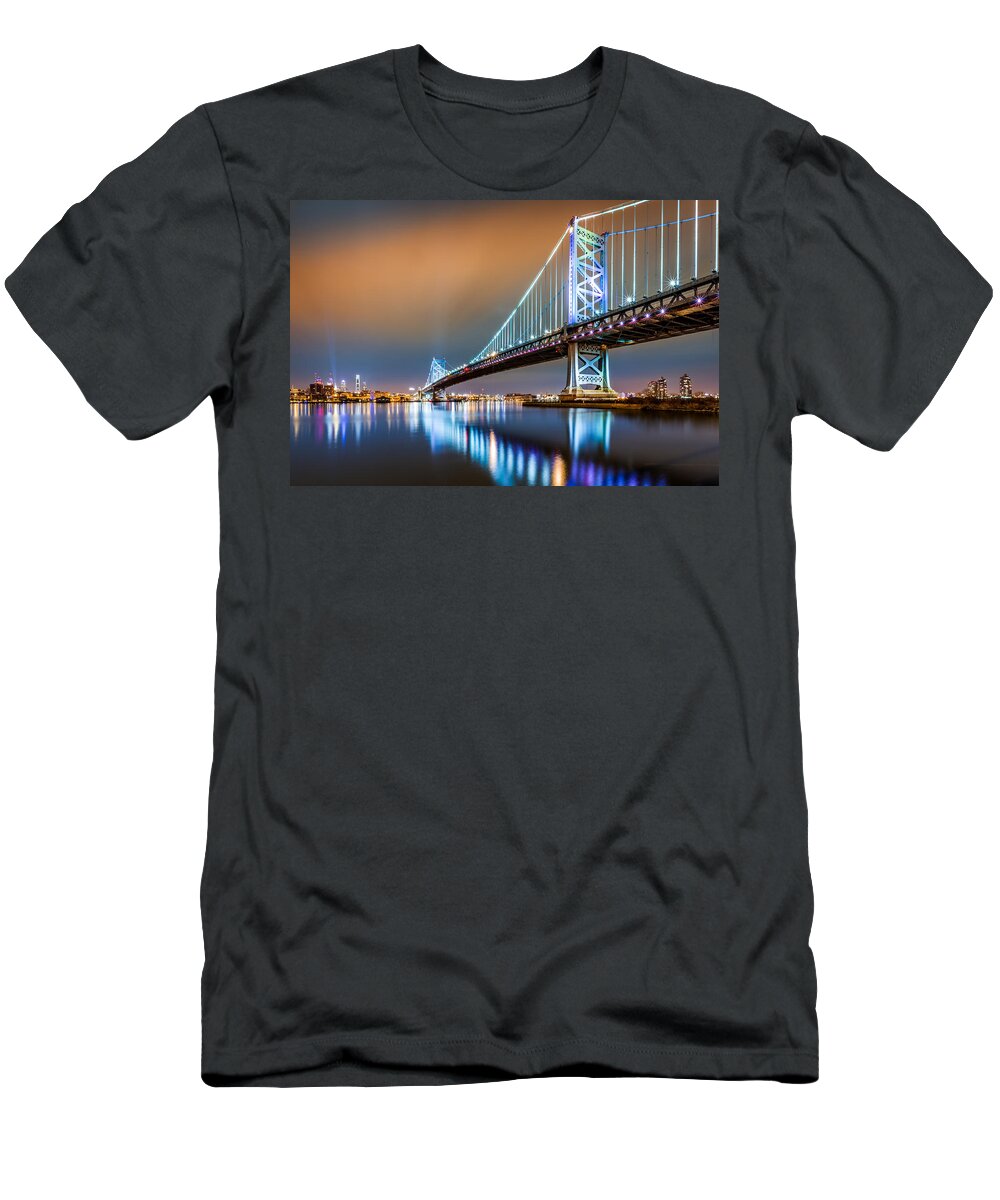 Ben Franklin Bridge T-Shirt featuring the photograph Ben Franklin Bridge and Philadelphia skyline by night #1 by Mihai Andritoiu
