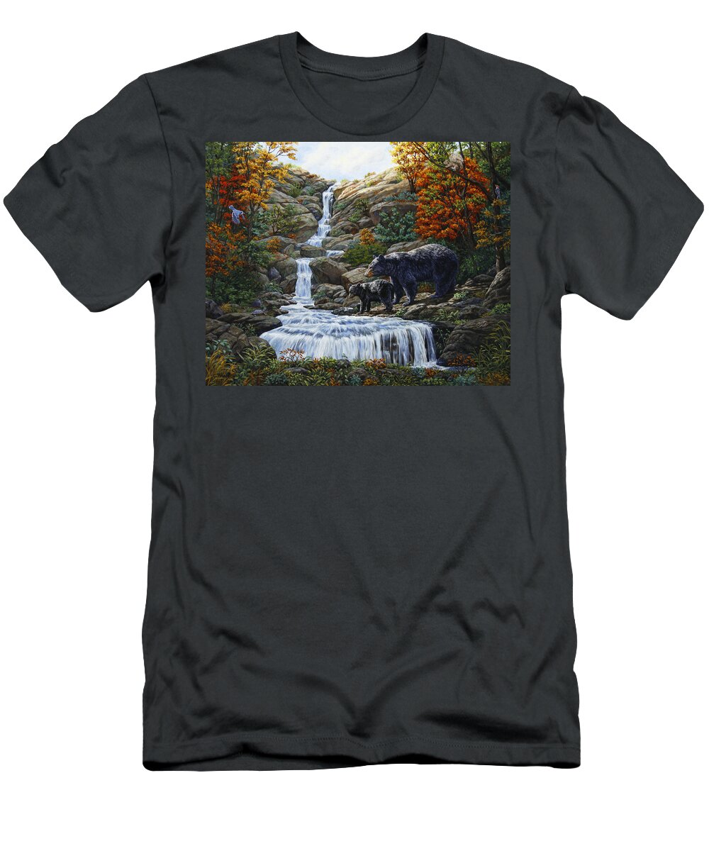 Bear T-Shirt featuring the painting Black Bear Falls by Crista Forest