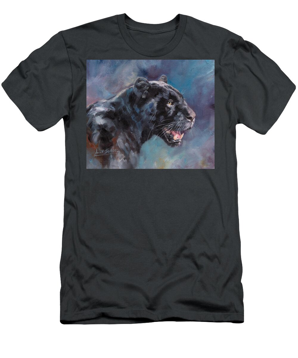Black Panther T-Shirt featuring the painting Black Panther #2 by David Stribbling