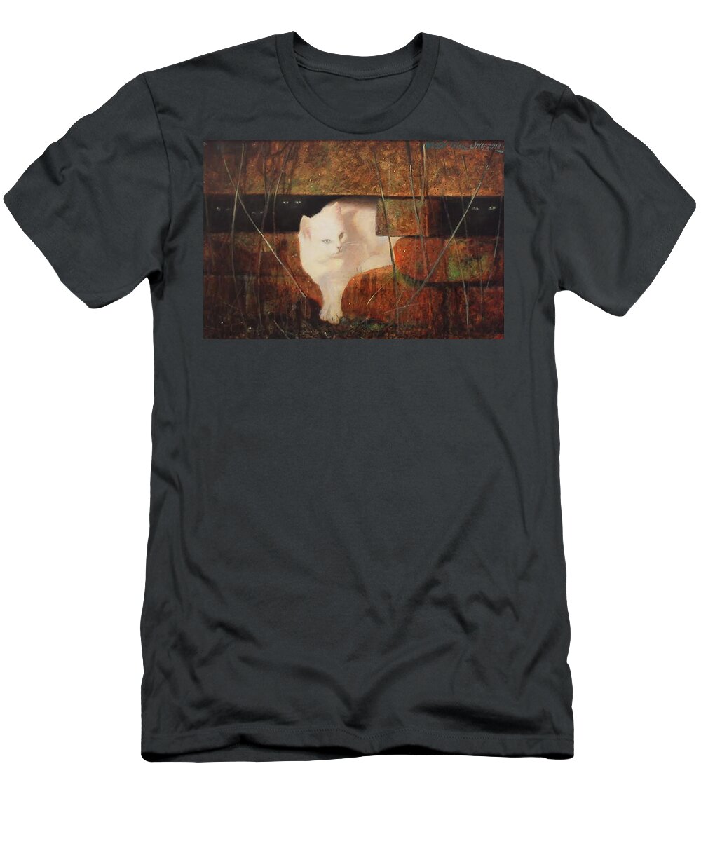 Cat T-Shirt featuring the painting Castaway Cats by Blue Sky