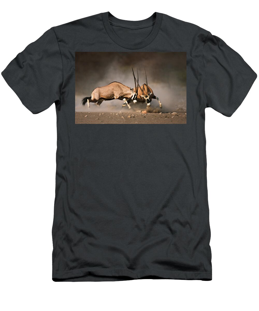 Gemsbok T-Shirt featuring the photograph Gemsbok fight #1 by Johan Swanepoel