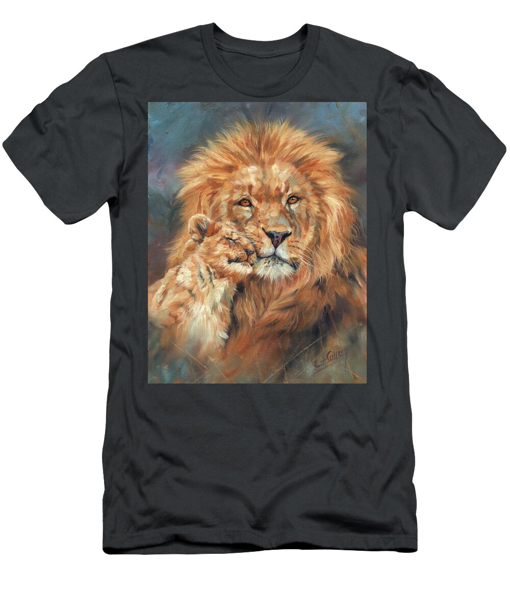 Lion T-Shirt featuring the painting Lion Love #1 by David Stribbling