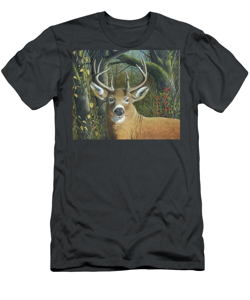 White Tail Deer T-Shirt featuring the painting Living on the Edge by Mike Brown