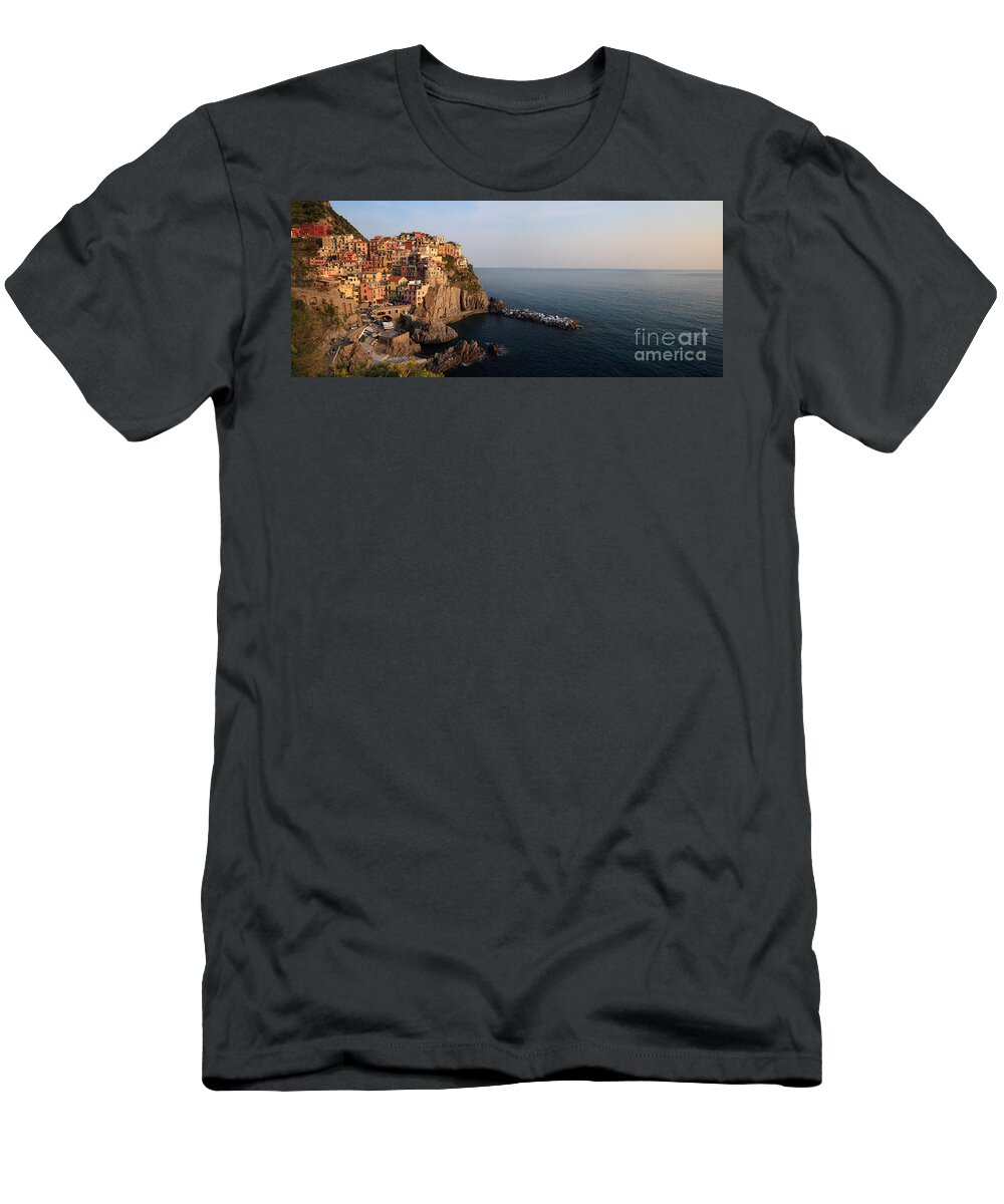 Cinque Terre T-Shirt featuring the photograph Manarola at sunset in the Cinque Terre Italy #2 by Matteo Colombo