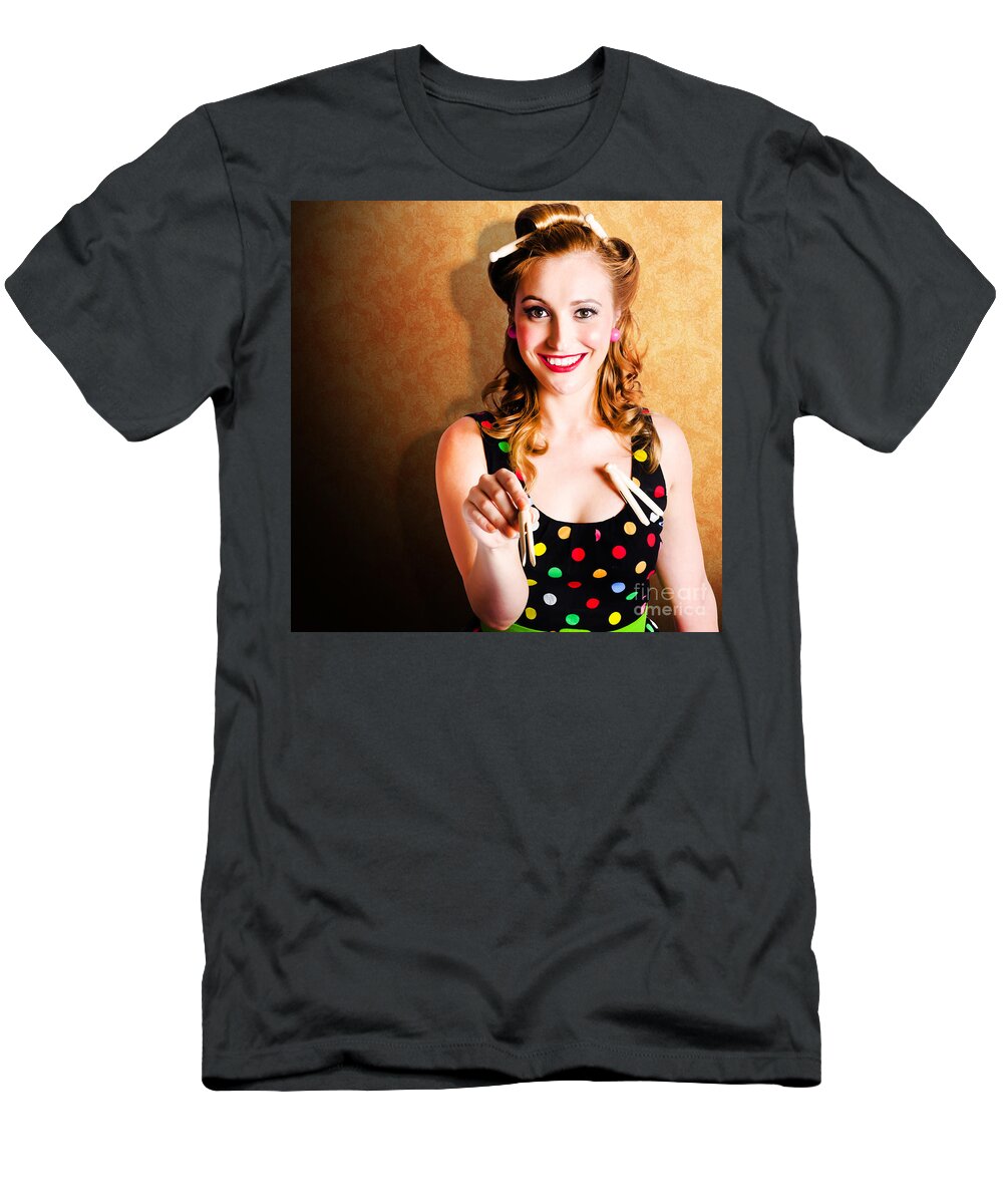 Washroom T-Shirt featuring the photograph Portrait Of A Happy Pin Up Cleaning Woman by Jorgo Photography