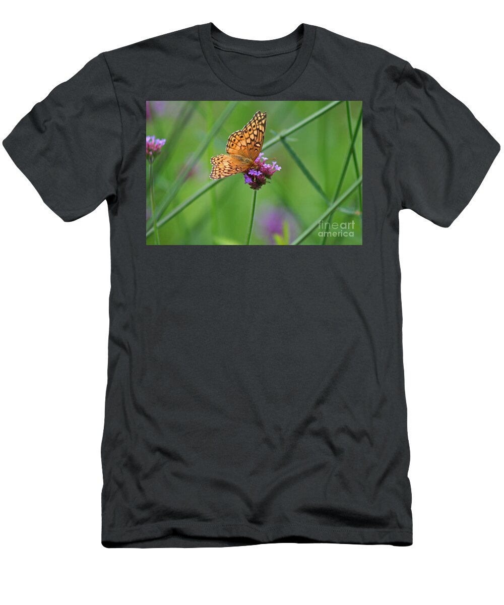 Variegated T-Shirt featuring the photograph Variegated Fritillary Butterfly in Field #1 by Karen Adams