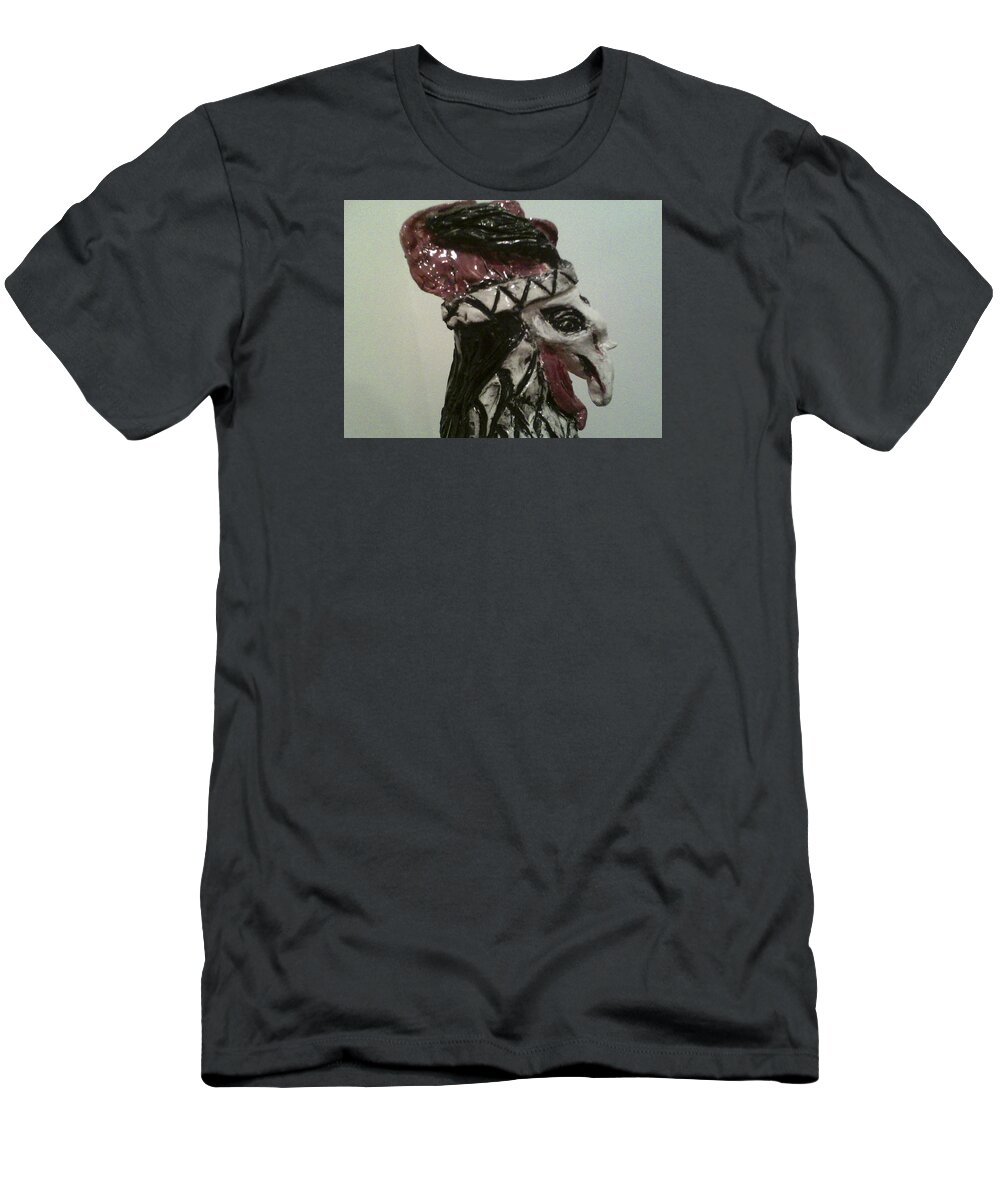 Ceramic Rooster T-Shirt featuring the sculpture Warrior Rooster by Suzanne Berthier