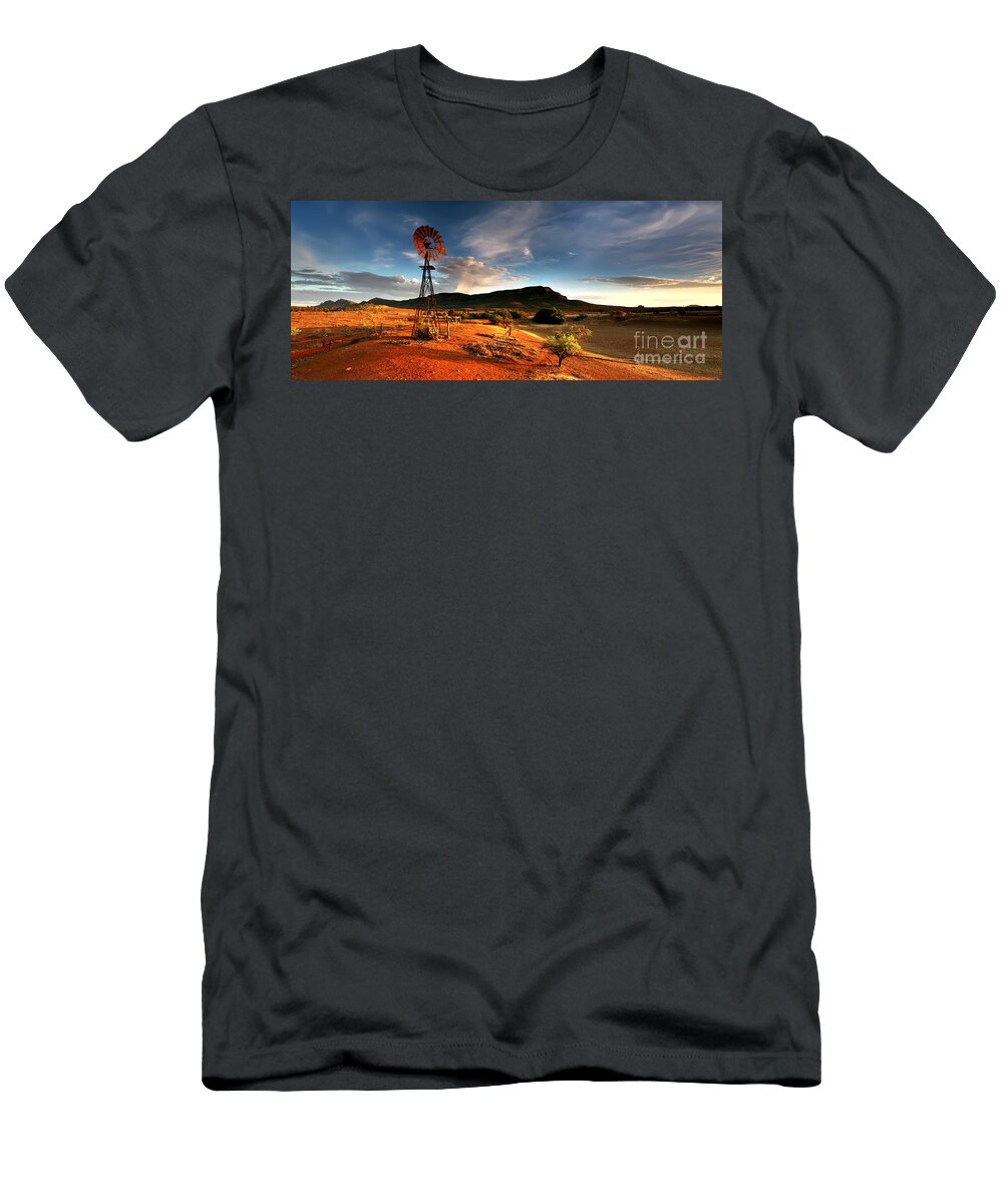 Wilpena Pound Windmill Rawnsley Bluff Flinders Ranges South Australia Australian Landscape Landscapes Early Morning Dam Drought Outback T-Shirt featuring the photograph Wilpena Pound #14 by Bill Robinson