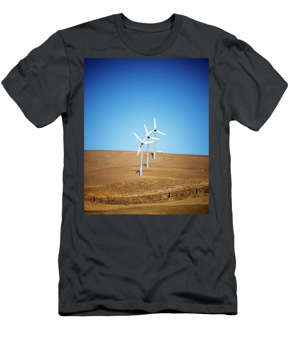 Aerial T-Shirt featuring the photograph Wind Turbines And Hills #1 by Ron Koeberer