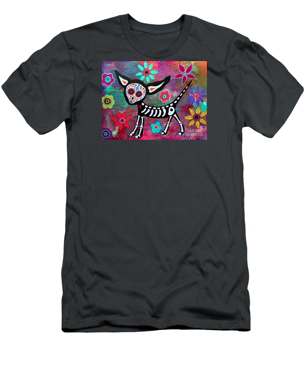 Tres T-Shirt featuring the painting Chihuahua Dia De Los Muertos #8 by Pristine Cartera Turkus