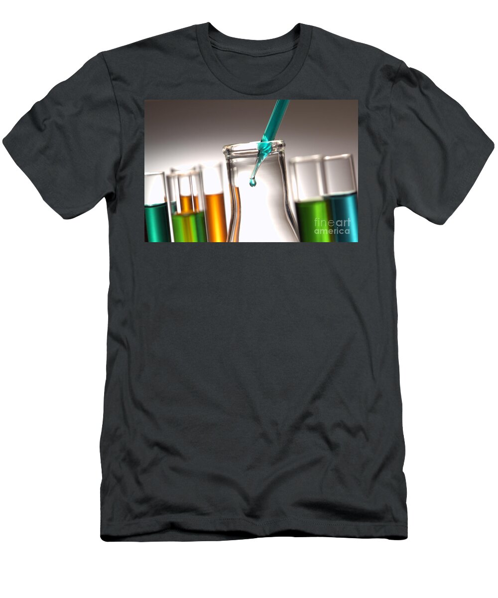 Flask T-Shirt featuring the photograph Laboratory Experiment in Science Research Lab #15 by Science Research Lab