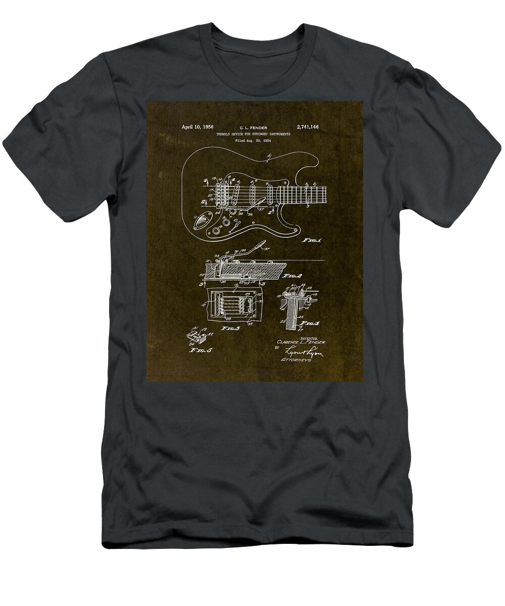 Fender T-Shirt featuring the drawing 1956 Fender Tremolo Patent Drawing II by Gary Bodnar