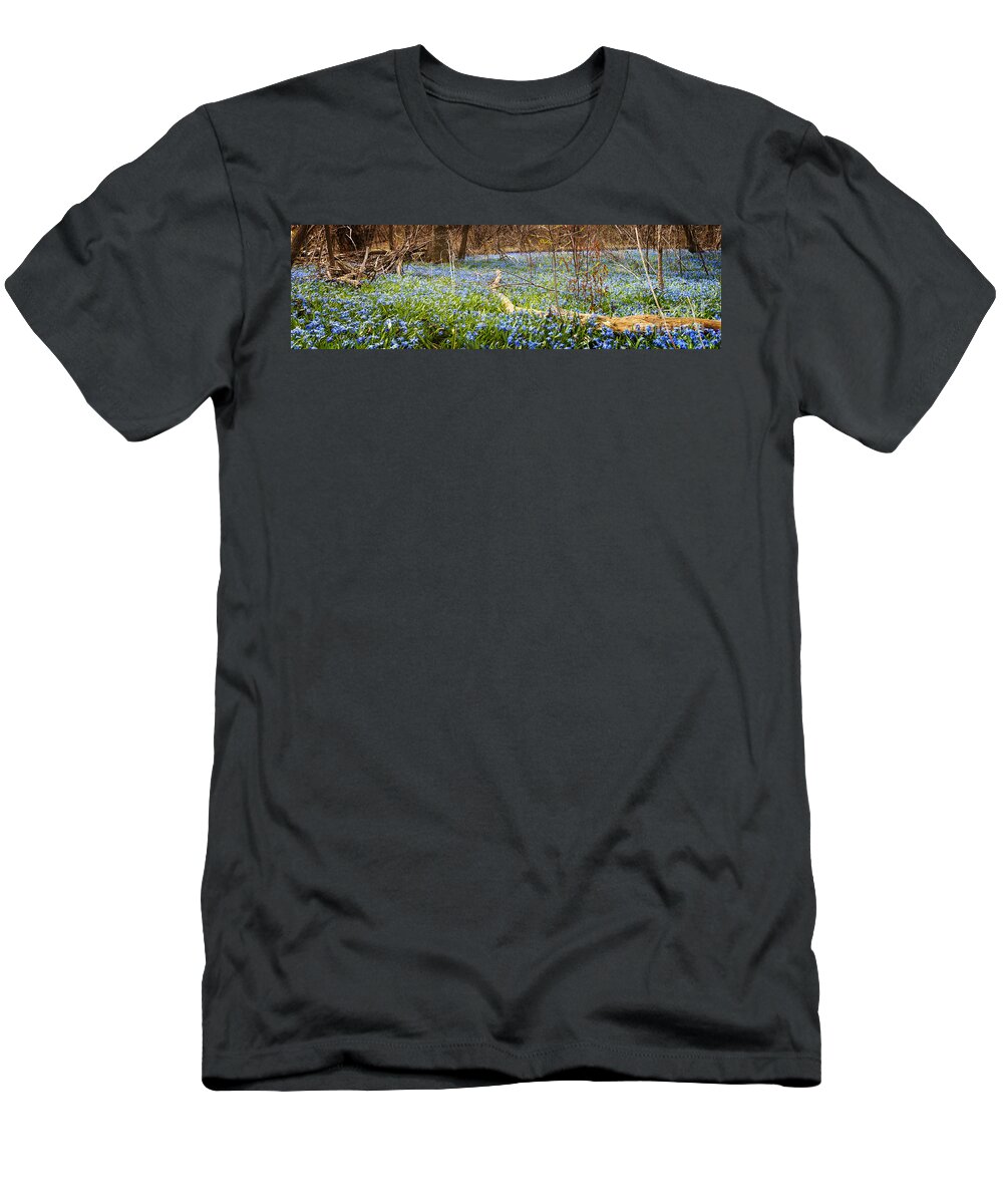 Flowers T-Shirt featuring the photograph Carpet of blue flowers in spring forest 1 by Elena Elisseeva